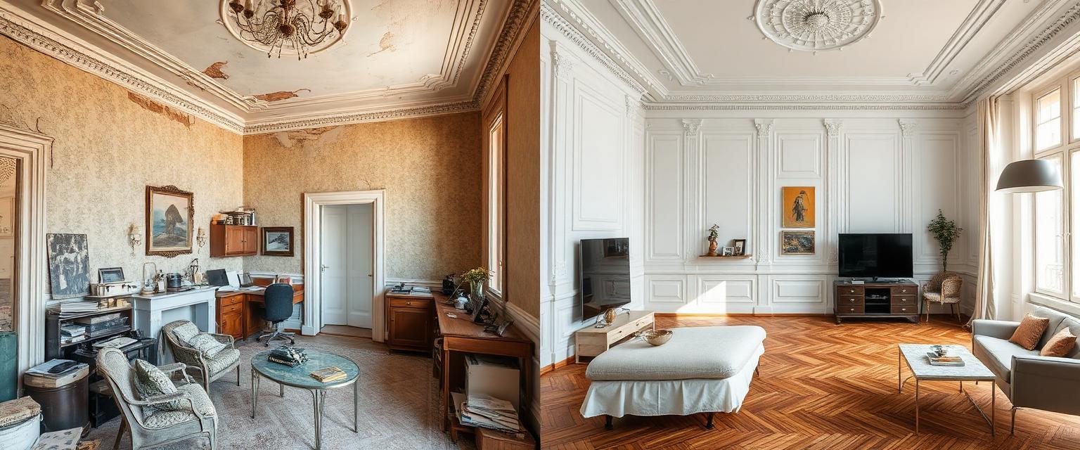 Appartement haussmannien dégradé rénové en pied-à-terre lumineux — avant et après travaux
